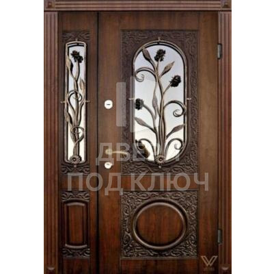 Входная металлическая филенчатая двойная дверь с окошком и ковкой, цена ДПК-11844